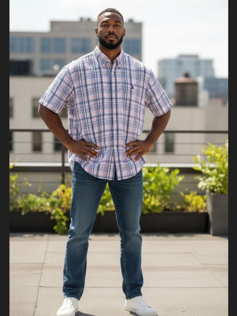 Polo Ralph Lauren XXL Seersucker Plaid Shirt Blue Pink Pony